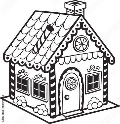 Vector illustration of a house with a roof, a window, and a door, in the style of a simple cartoon sketch