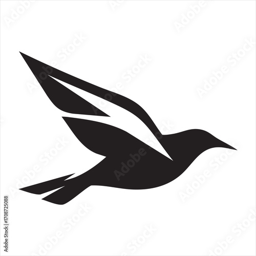 A minimalist black silhouette of a bird with outstretched wings, captured in mid-flight against a white background