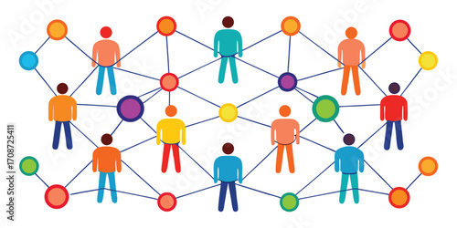Colorful abstract network of connected people icons on white background Keywords: connection, network, people, community