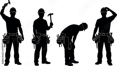 Silhouettes of construction workers in various poses with tools, hard hats, and gear for labor, safety, and industrial job themes