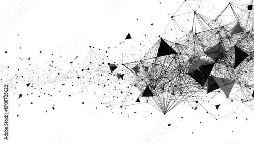 Abstract digital network.  Complex web of interconnected shapes, triangles, and points against white background
