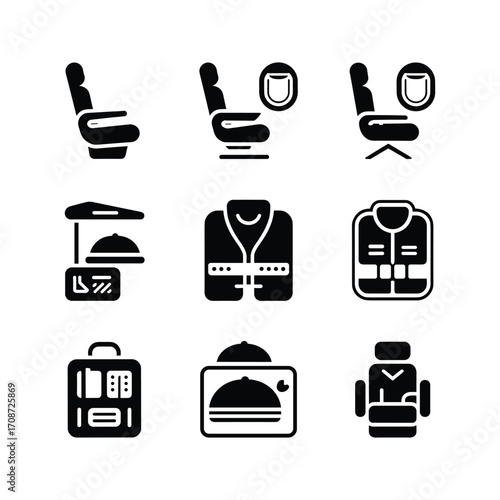 Set of nine glyph icons depicting airline travel services and safety equipment for passengers