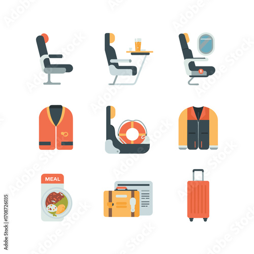 Modern airplane interior icons set featuring seats life vests and luggage for travel services