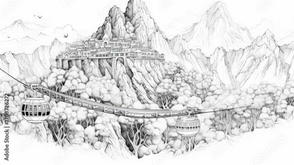 Fototapeta premium Mountainside cityscape drawing