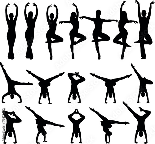 Silhouettes of dancers and gymnasts in elegant ballet and acrobatic poses showcasing balance, flexibility, strength, and artistic movement
