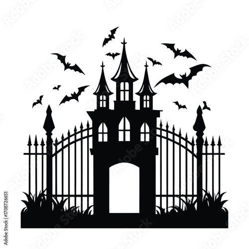 Spooky Abandoned Mansion Behind Rusty Gate