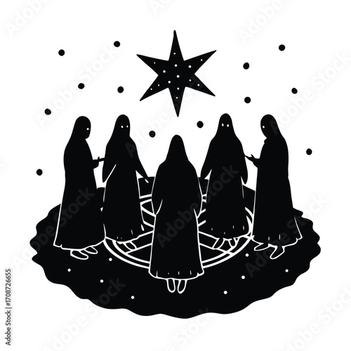 Witch Coven Performing Ritual Circle at Night
