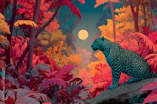 Fototapeta Naklejka Na Ścianę i Meble -  Neon leopard glowing under full jungle moon high resolution picture