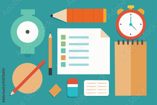 Flat design vector illustration of an office stationery set with icons for business, including a laptop, phone, pen, document, and calendar