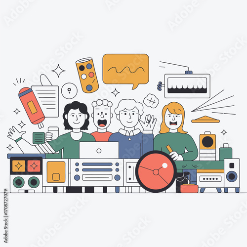 Four cartoon people gathered around audio equipment and technology with colorful abstract elements illustration
