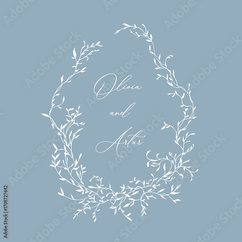 Wedding hand drawn line floral frame. Vintage wedding greenery wreath. Vector illustration botanical decoration elements for wedding invitation, label, branding business identity, greeting card