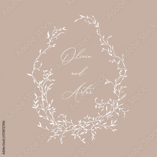 Wedding hand drawn line floral frame. Vintage wedding greenery wreath. Vector illustration botanical decoration elements for wedding invitation, label, branding business identity, greeting card