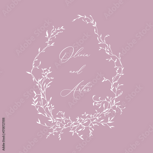 Wedding hand drawn line floral frame. Vintage wedding greenery wreath. Vector illustration botanical decoration elements for wedding invitation, label, branding business identity, greeting card