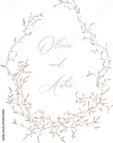 Wedding hand drawn line floral frame. Vintage wedding greenery wreath. Vector illustration botanical decoration elements for wedding invitation, label, branding business identity, greeting card