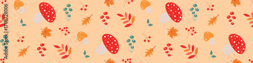 Cute fall pattern with mushrooms in flat style and leaves on beige background. Fly agaric and green mushrooms. Seamless pattern for wrapping paper, textile, fabric. Fall mood.  Vector illustration. 