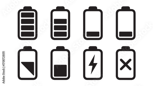Battery charge level indicator icon set vector illustration energy power technology symbol sign graphic 100