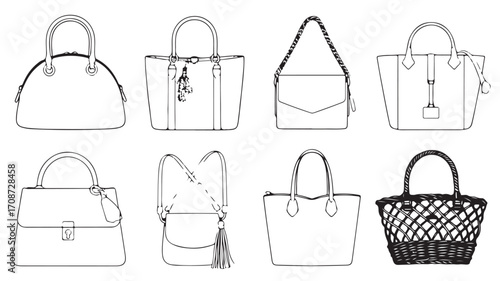 Assorted handbag purse tote bag collection fashion accessory vector design template sketch outline drawing