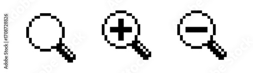Pixel magnifying glass icons, search zoom in and zoom out symbols, vector illustration, Pixel art.