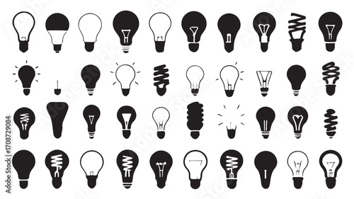 Light bulb collection vector illustration energy saving lamps lighting ideas electricity icons black and white
