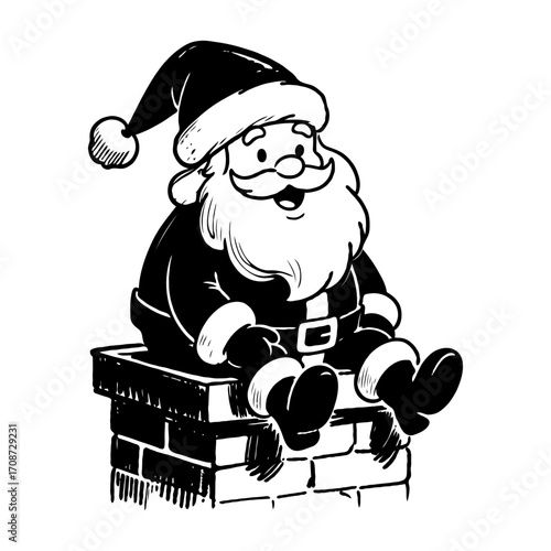 Jolly Santa Claus sitting on a brick chimney, cartoon black and white style, isolated on white background, concept of Christmas holiday joy