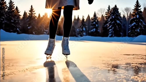 A low-angle shot of a person's legs and skates gliding across a frozen lake at sunset, with a snowy forest in the background. Captures the serenity and joy of winter sports and holidays.