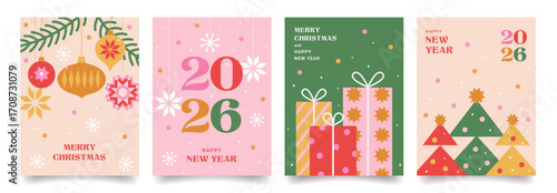 Merry Christmas and Happy New Year posters or greeting cards. Trendy modern backgrounds with Christmas tree, gifts, snowflakes, holiday decor in minimal style. Vector template for banner, print, web.