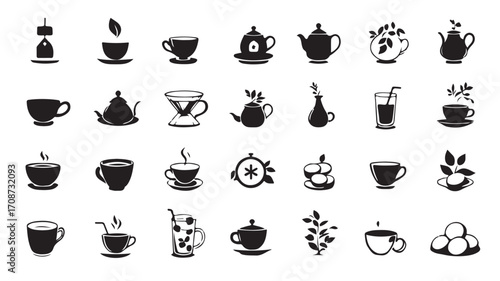 Tea cups teapots and beverage vector set black and white icons for cafe menu design and decoration