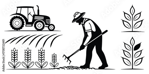 Farmer Working in Field with Tractor and Growing Crops Silhouette agriculture farming
