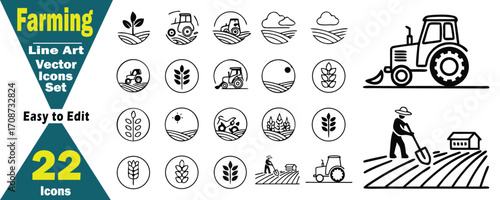 Farming Line Art Vector Icons Set with 22 Easy to Edit Icons Keywords: farming, agriculture, line art, vector, icon, set