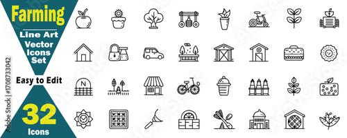Farming Line Art Vector Icons Set with 32 Easy to Edit Elements agriculture harvest