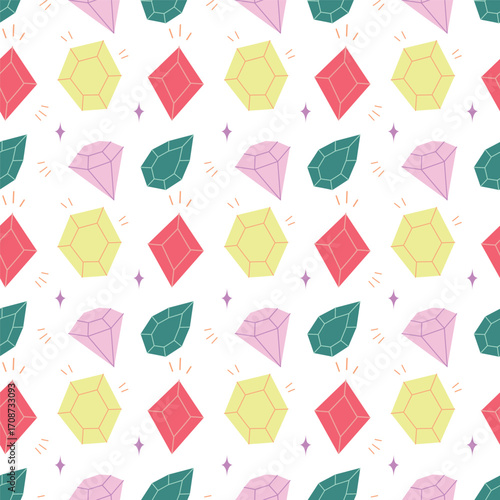 Seamless Colorful Gemstone Pattern with Diamonds and Crystals