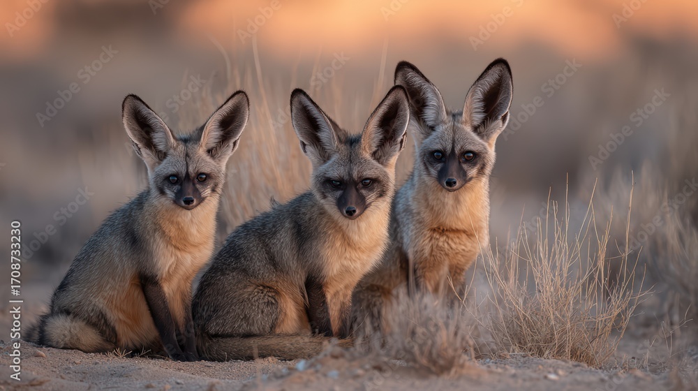 Fototapeta premium Bateared Fox Family Portrait in the Majestic Kgalagadi Desert Captivating Wildlife Scene for Naturethemed Campaigns, Inspiring Tranquility and Connection with the Wild.
