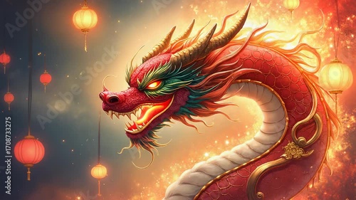 Red dragon with glowing eyes among lanterns in festival setting  