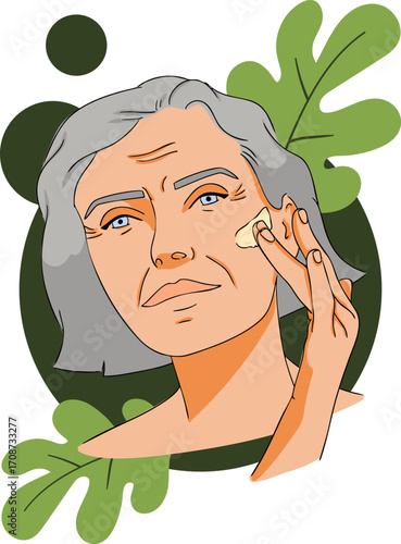 A gray-haired woman is applying face cream. Vector illustration.