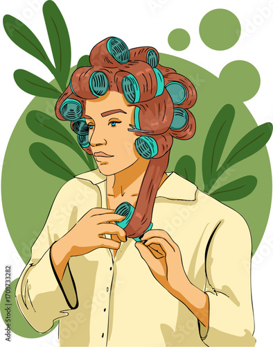 A girl is putting her hair in rollers. Vector illustration.
