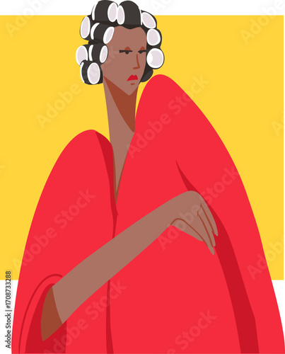 A girl in a red robe with hair rollers. Vector illustration.