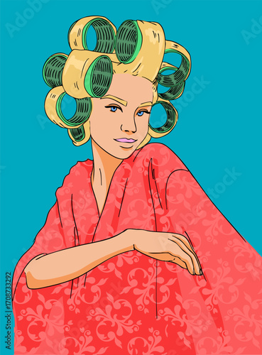 A girl in a red robe with hair rollers. Vector illustration.