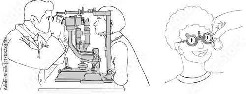 A set of illustrations of an appointment with an ophthalmologist. Vector illustration.