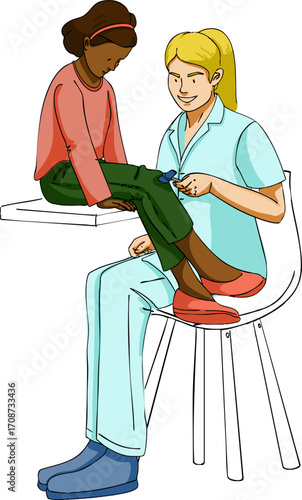A neurologist is checking the reflexes of a child sitting on a table with a hammer. Vector illustration.