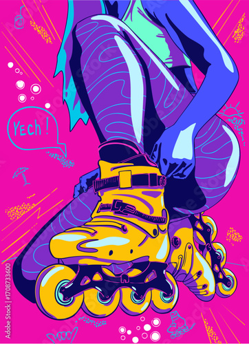 Color illustration of a girl on rollerblades. Vector illustration.