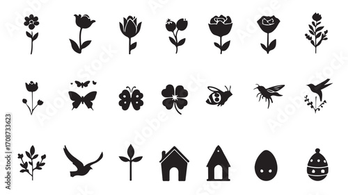 Vector spring easter floral elements collection silhouette flower butterfly bird bee house egg set icons