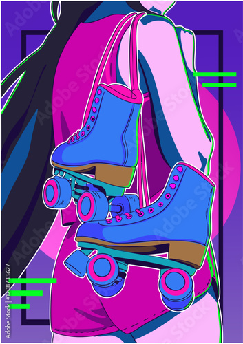 A pair of roller skates on a girl's shoulder. Vector illustration.