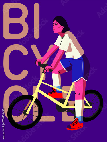 A woman is riding a bicycle. The inscription says "bicycle." Suitable for a poster. Vector illustration.
