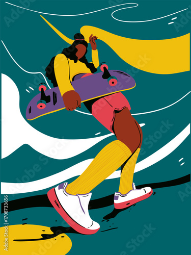 A girl is standing and holding a skateboard in her hand. Vector illustration.