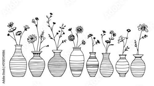Floral line art drawing of flowers in vases minimalist botanical vector illustration design element