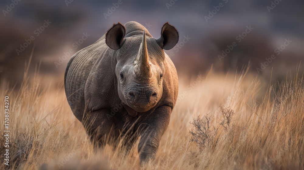 Fototapeta premium Majestic Black Rhino Roaming the African Savannah, Caught in a Pensive Moment, Perfect for Conservation Campaigns, Inspiring Awe and Respect.