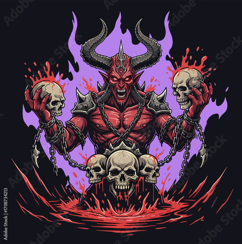 Crimson Devil with Horns Holding Skulls and Standing Atop Skulls.