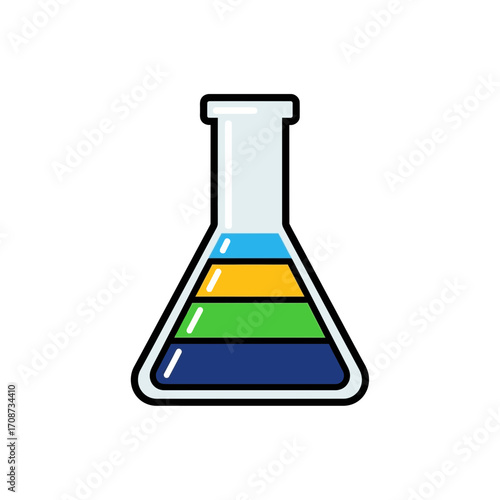 Conical flask with layered liquids in blue green yellow and light blue.