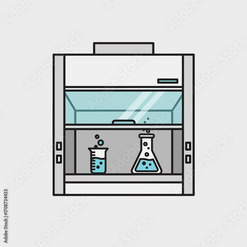 Illustration of a fume hood with laboratory glassware inside on a light background.