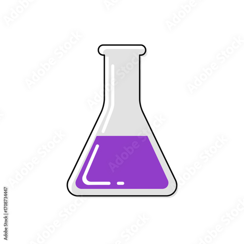 Erlenmeyer flask filled with purple liquid isolated on white background.